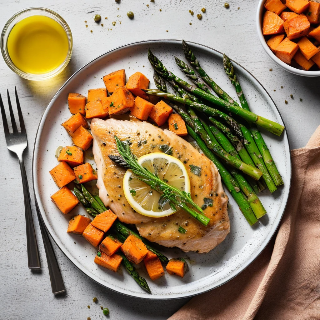 Chicken Piccata with Sweet Potato and Roasted Asparagus
