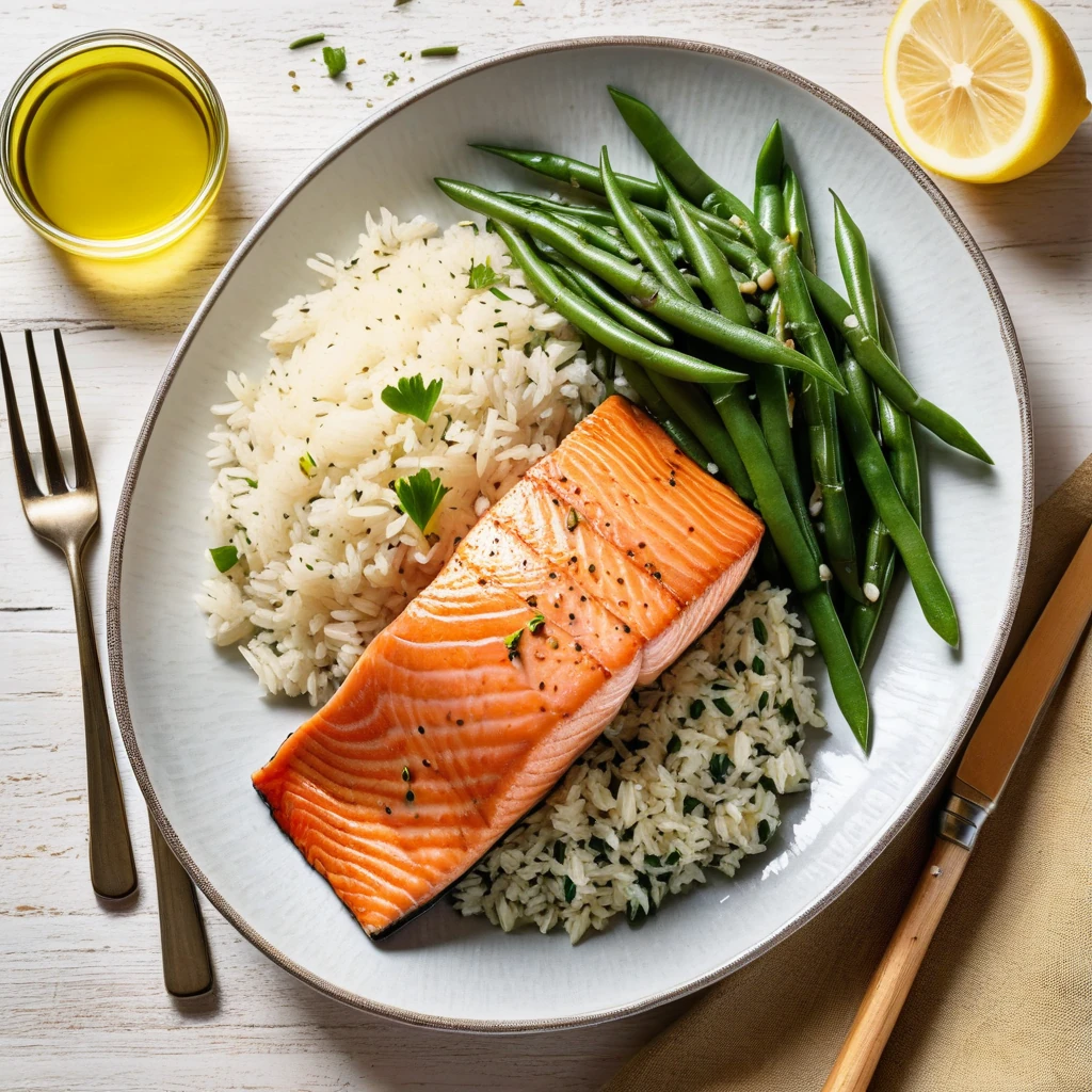 Baked Salmon with Herb Rice and Green Beans