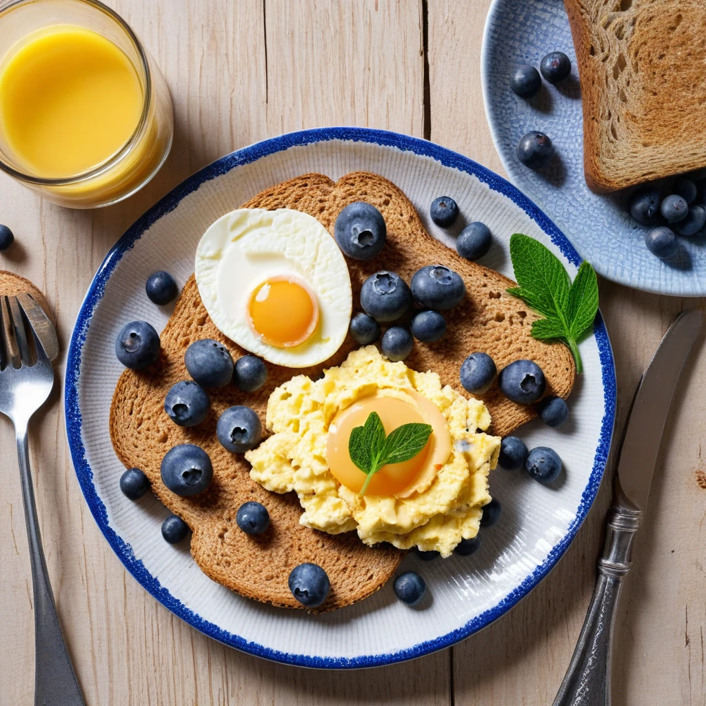 Scrambled Eggs with Whole Wheat Toast and Blueberries