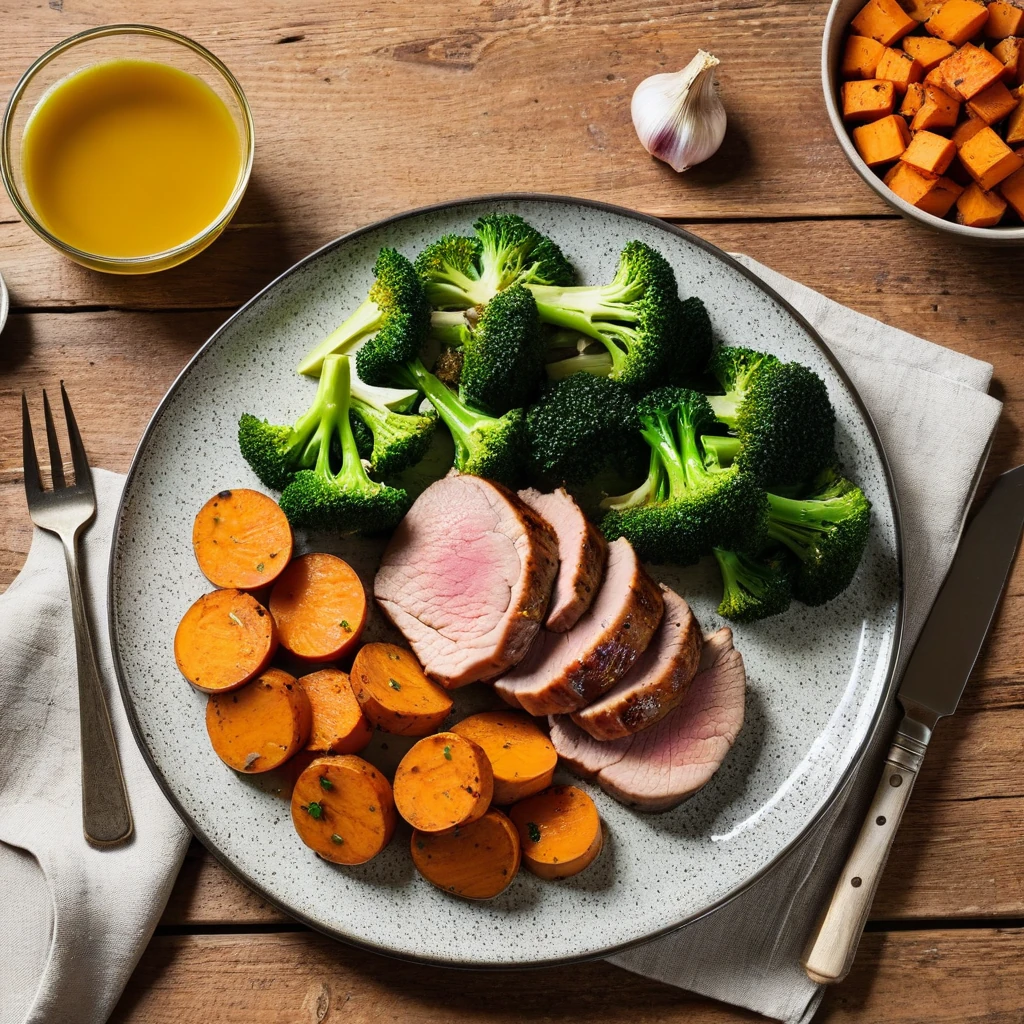 Baked Pork Tenderloin with Sweet Potato and Broccoli