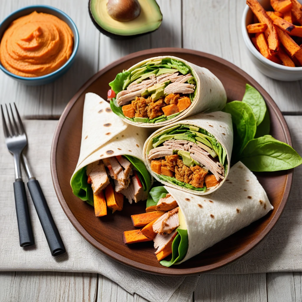 Turkey and Avocado Wrap with Sweet Potato Fries