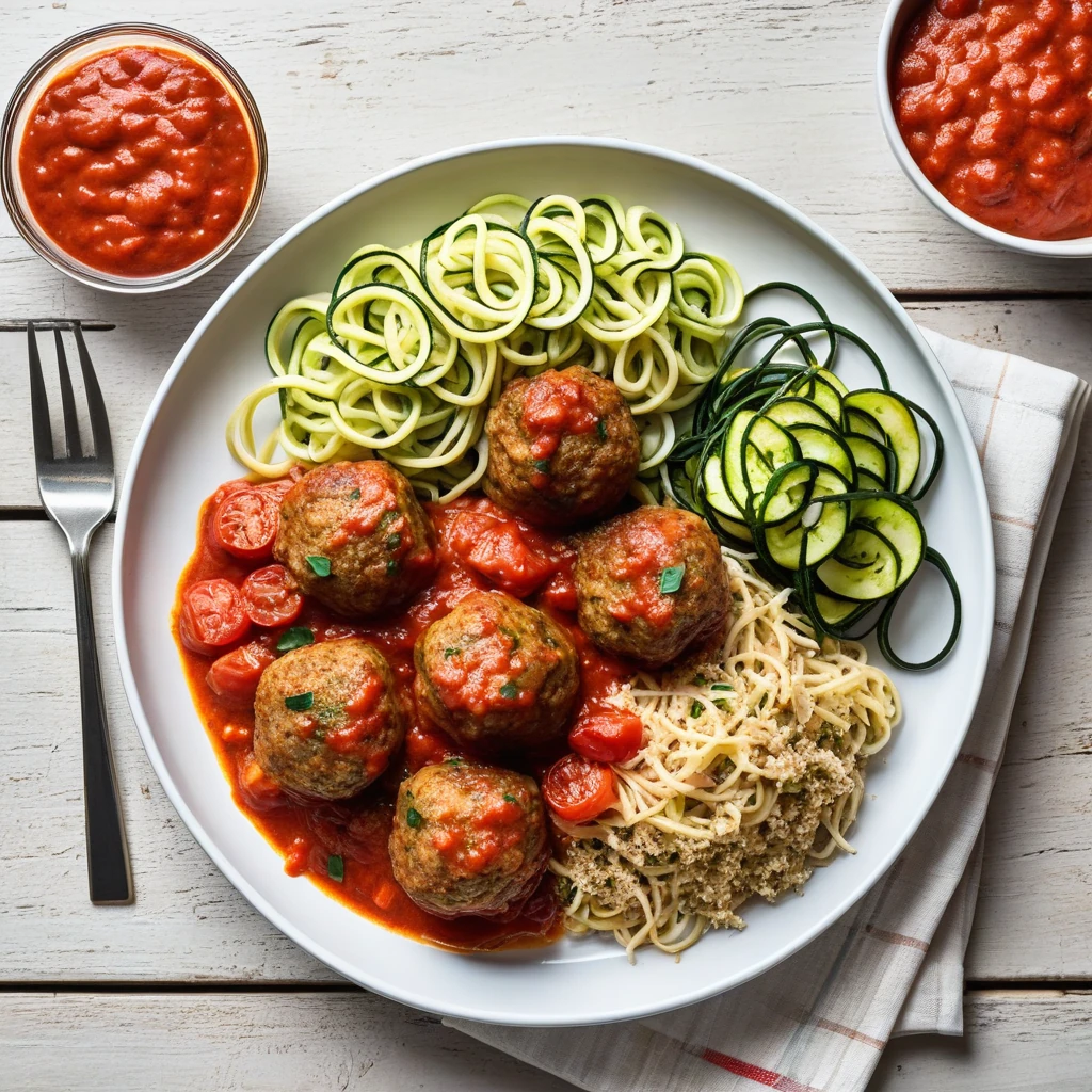 Baked Turkey Meatballs with Zucchini Noodles and Light Tomato Sauce