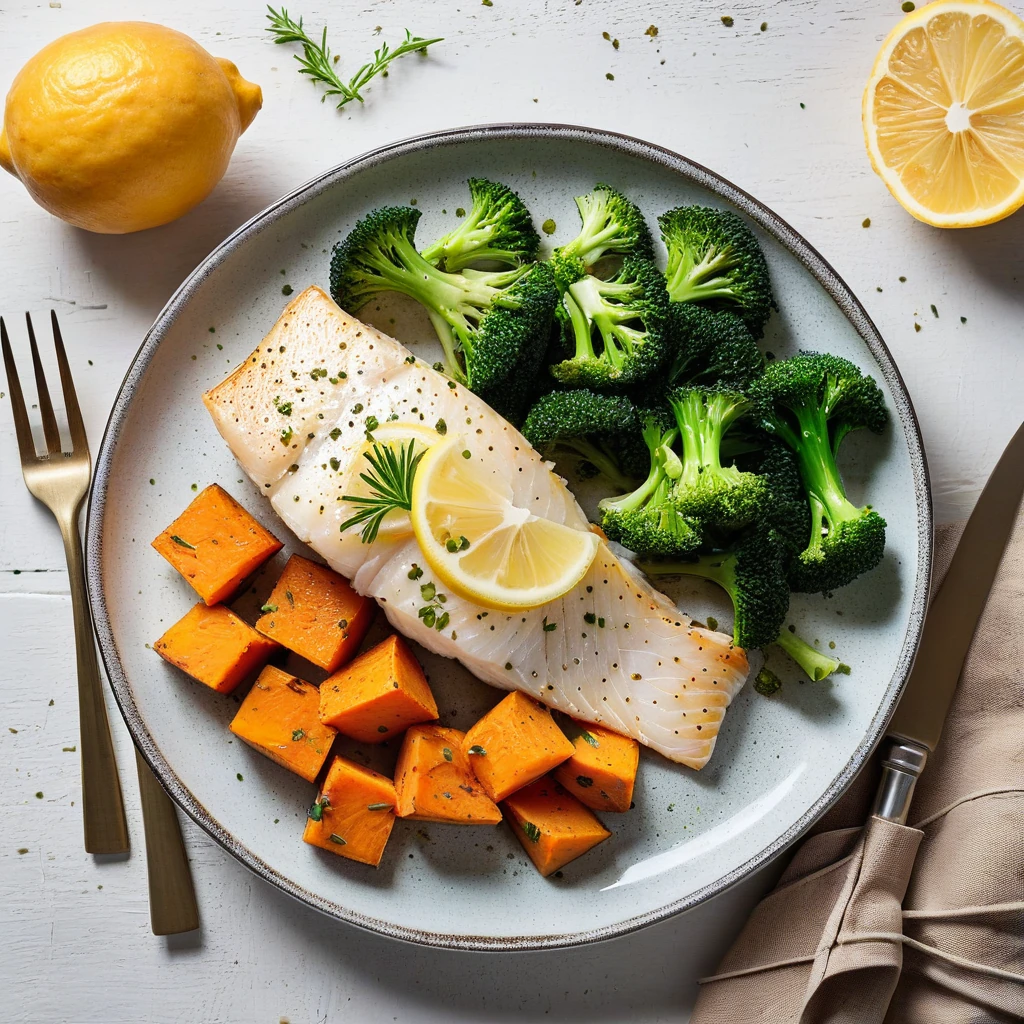 Baked Cod with Lemon and Herbs, Steamed Broccoli and Sweet Potato