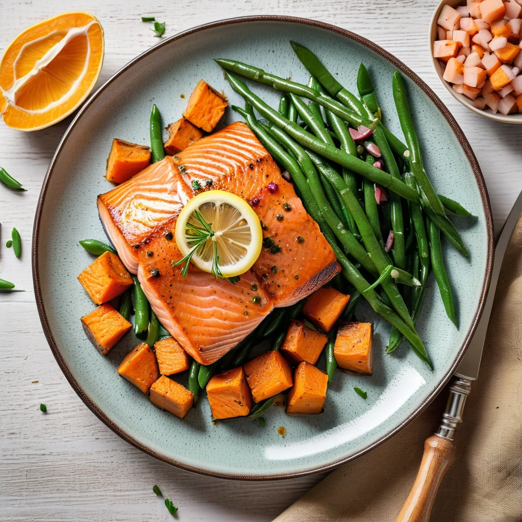Pan-Seared Salmon with Sweet Potato and Green Beans