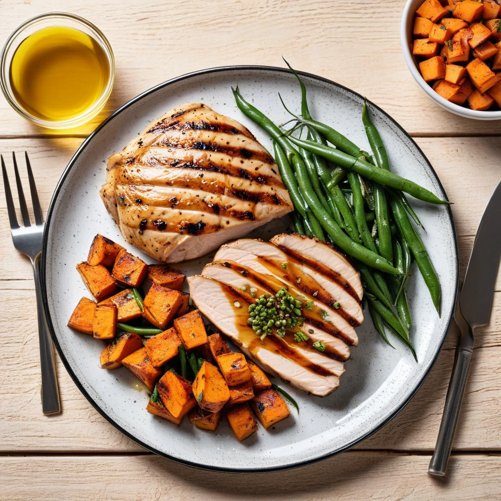 Grilled Chicken Breast with Roasted Sweet Potato and Green Beans