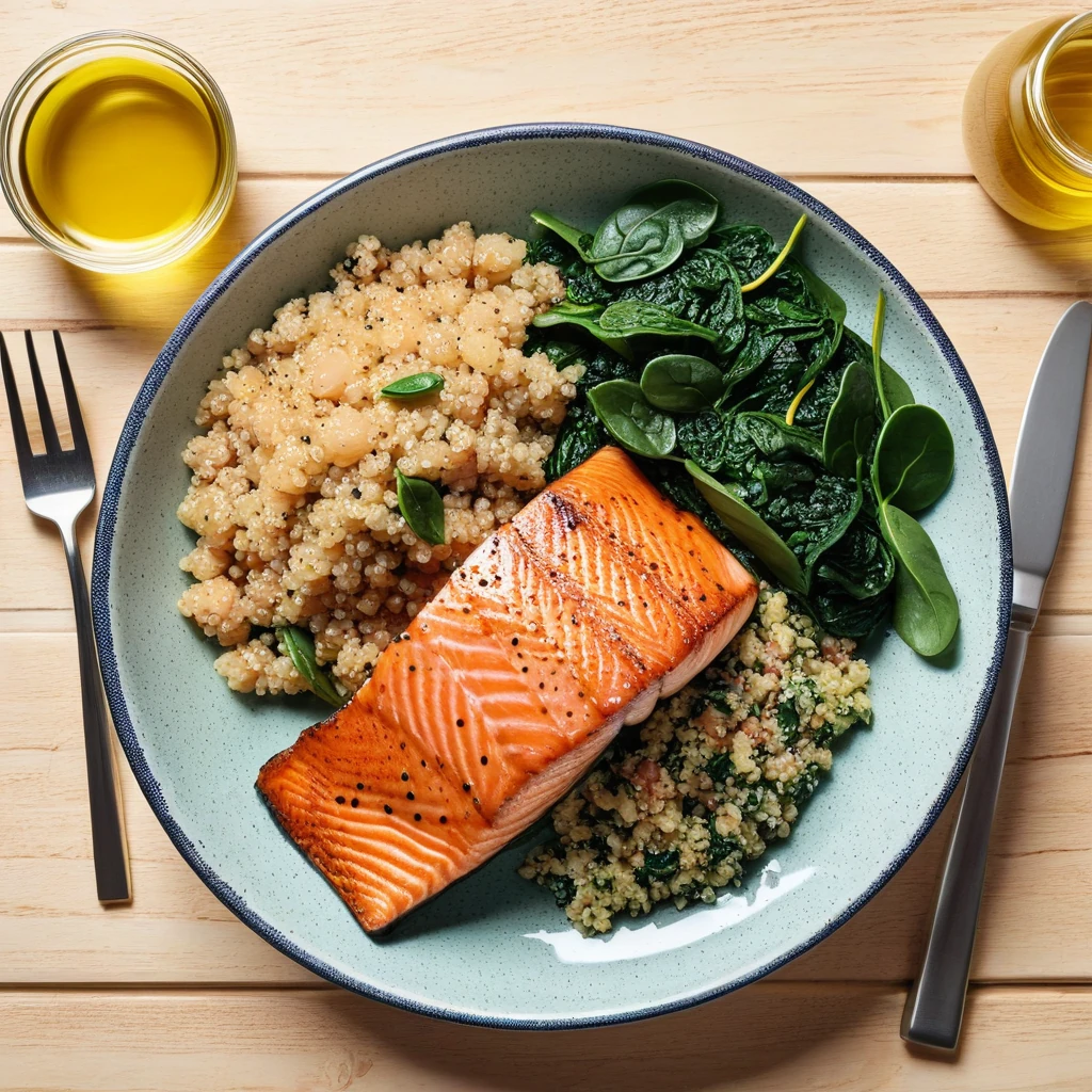 Quinoa and Spinach Breakfast Bowl with Grilled Salmon