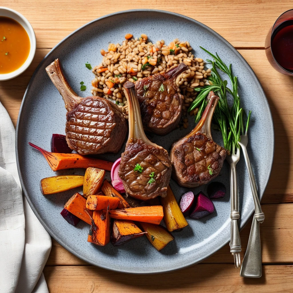 Pan-Seared Lamb Chops with Farro and Roasted Root Vegetables