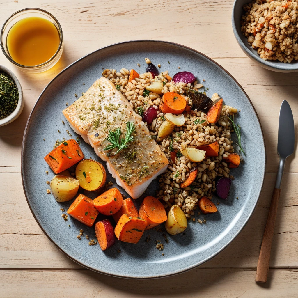 Herb-Crusted Cod with Roasted Root Vegetables and Farro