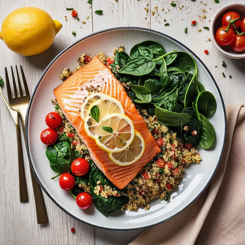 Baked Lemon Herb Salmon with Quinoa and Spinach Salad