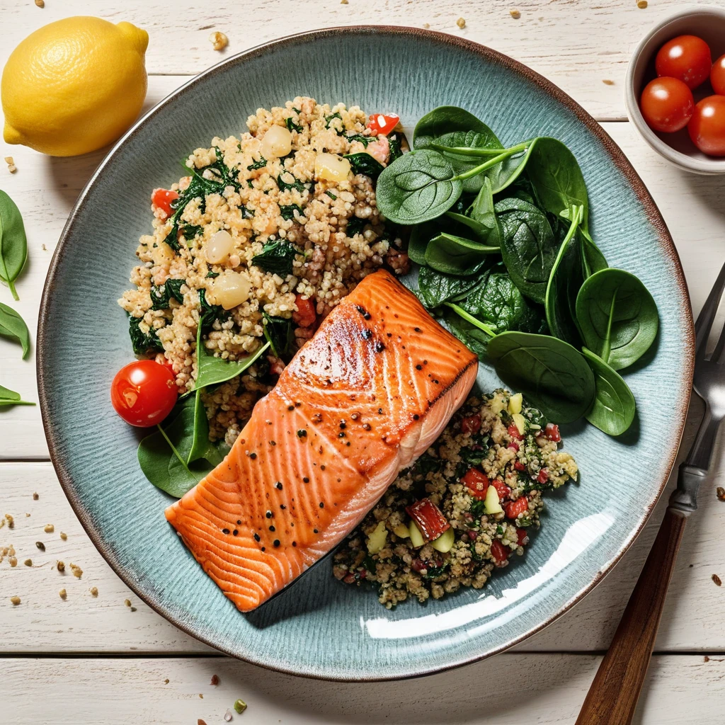 Lemon Herb Grilled Salmon with Quinoa and Spinach Salad