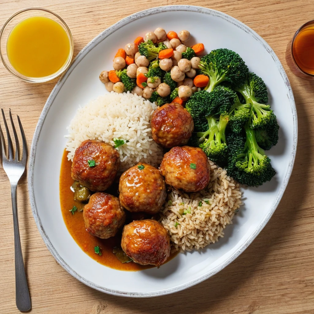 Boulettes de poulet avec riz et légumes