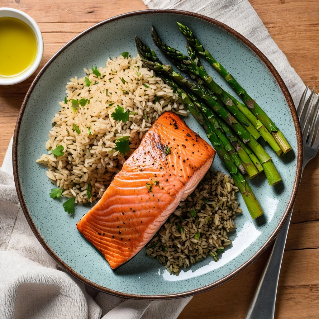 Herb-Crusted Salmon with Roasted Asparagus and Brown Rice
