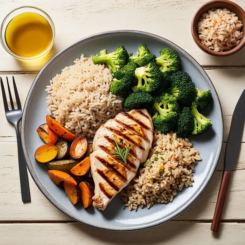 Grilled Chicken Breast with Brown Rice and Roasted Vegetables