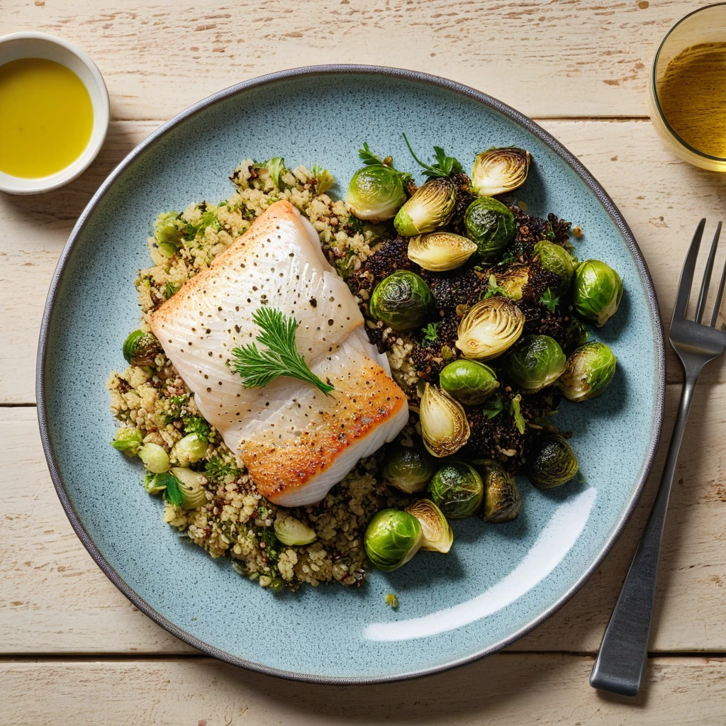 Herb-Crusted Cod with Quinoa Pilaf and Roasted Brussels Sprouts