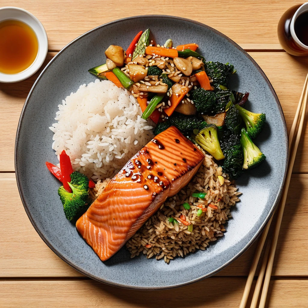 Salmon Teriyaki with Brown Rice and Stir-Fried Vegetables