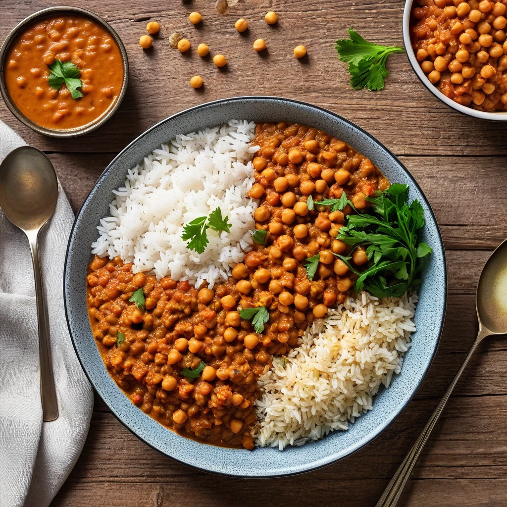 lentil and chickpea curry with basmati rice