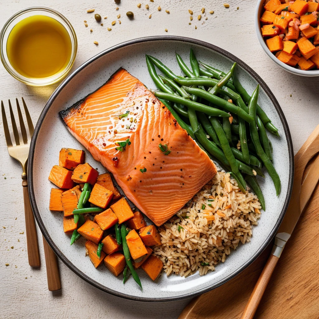 Baked Salmon with Sweet Potato and Green Beans