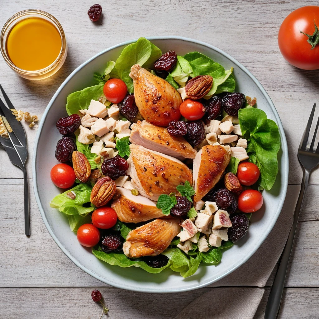 Salade de poulet rôti avec pignons et raisins secs
