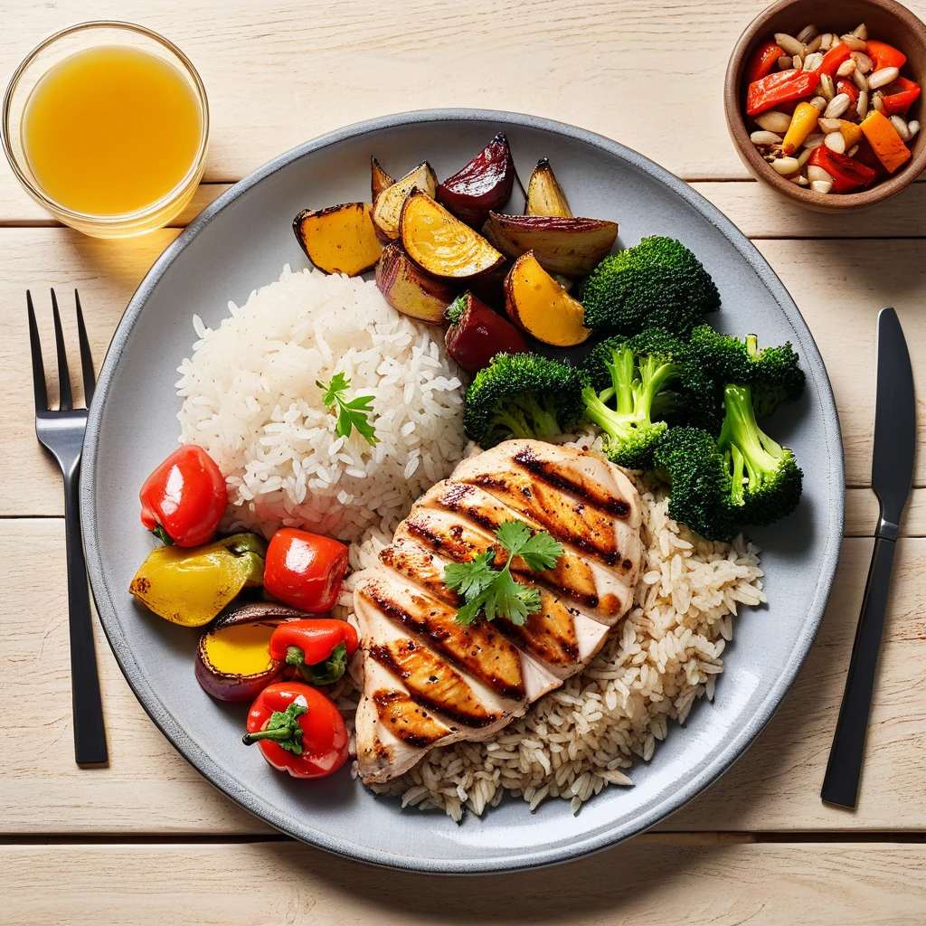 Grilled Chicken Breast with Rice and Roasted Vegetables