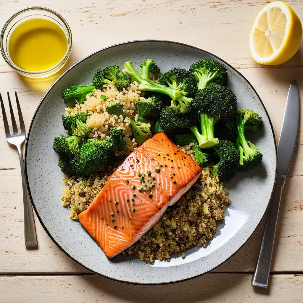 Herb-Crusted Baked Salmon with Quinoa and Steamed Broccoli