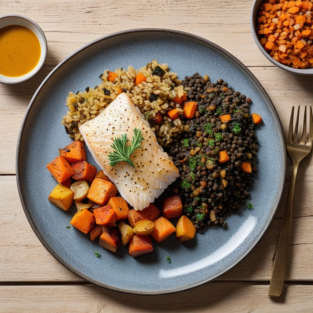 Baked Cod with Roasted Root Vegetables and Lentil Pilaf