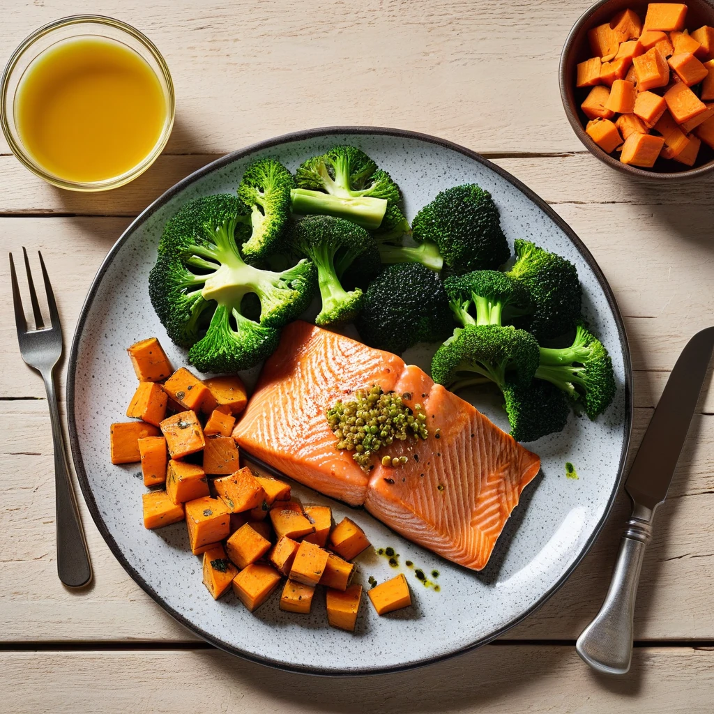 Baked Salmon with Sweet Potato and Steamed Broccoli