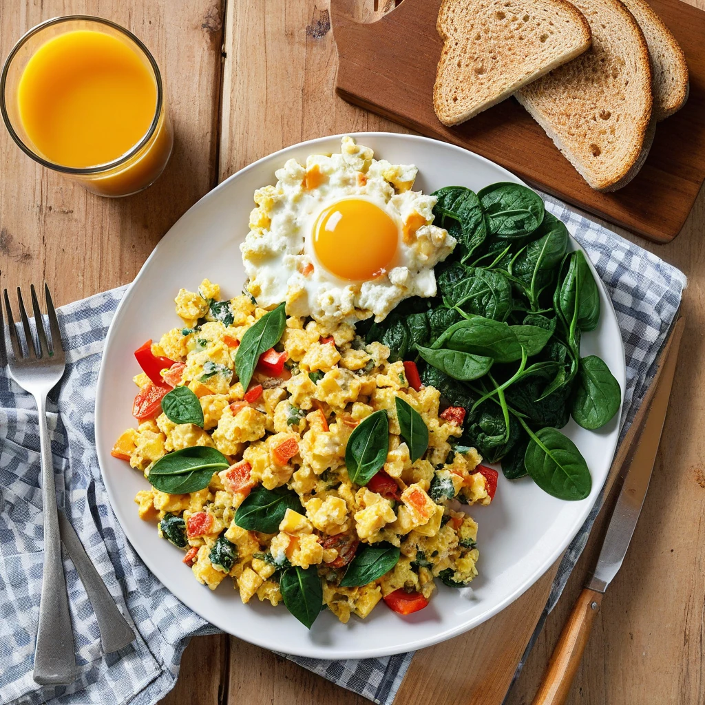 Vegetable and Cheese Egg Scramble with Whole Wheat Toast