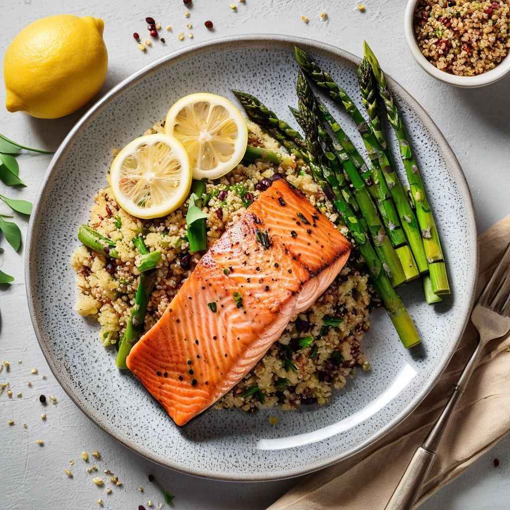Lemon Garlic Grilled Salmon with Quinoa and Asparagus