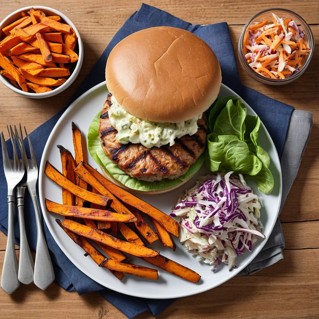 Grilled Turkey Burger with Sweet Potato Fries and Coleslaw