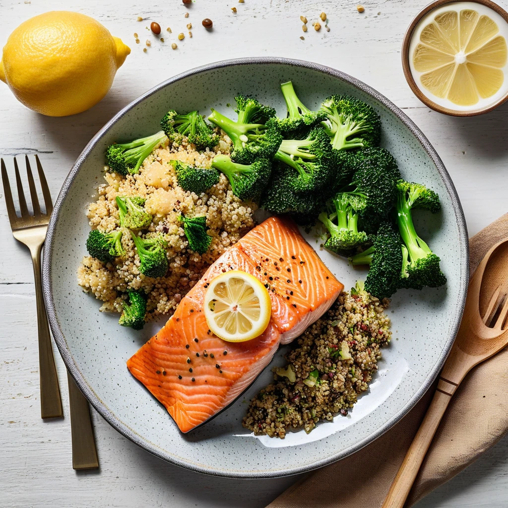 Baked Lemon Herb Salmon with Quinoa and Steamed Broccoli