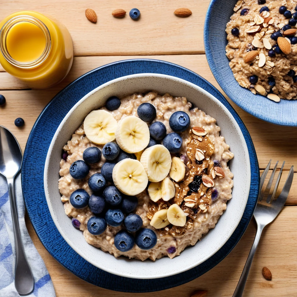 Warm Oatmeal with Almond Butter, Banana & Blueberries