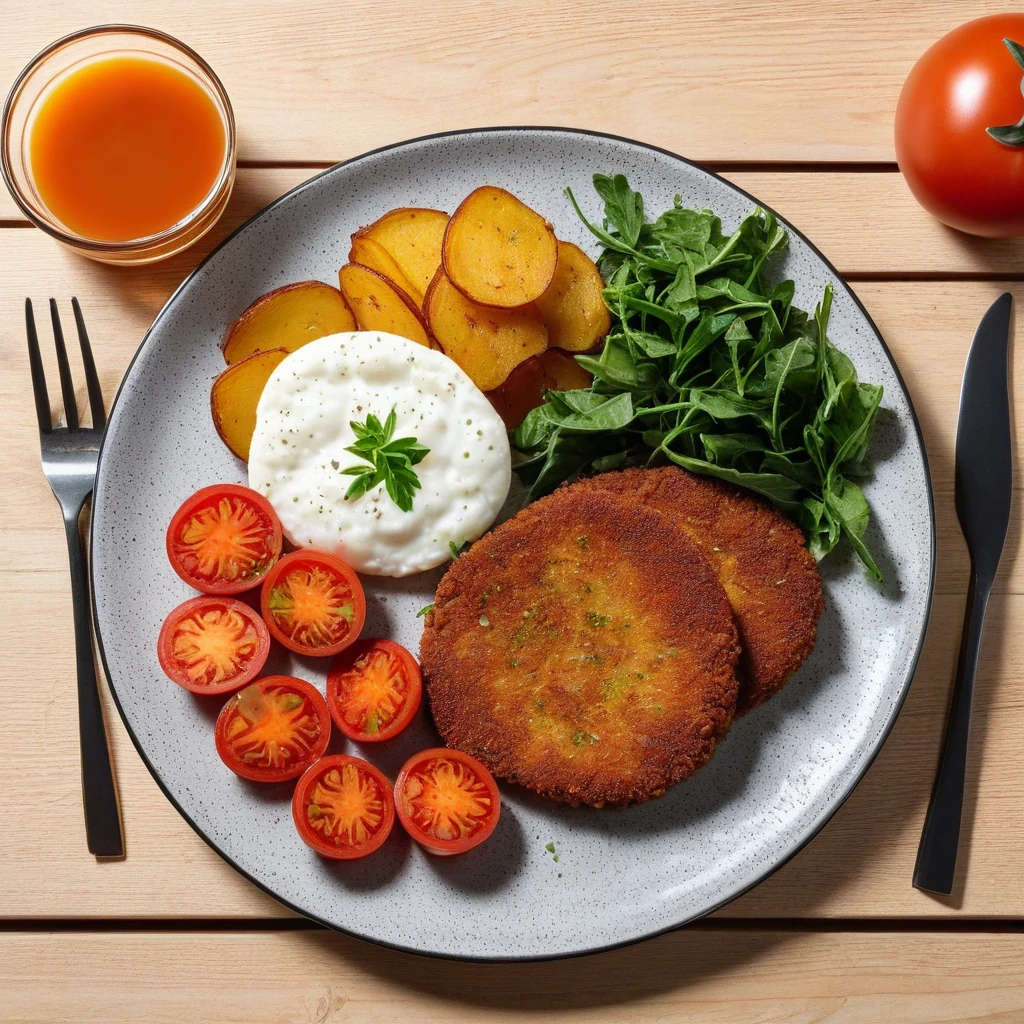 Ovos à Milanesa com Salada de Rúcula e Batata Doce Assada