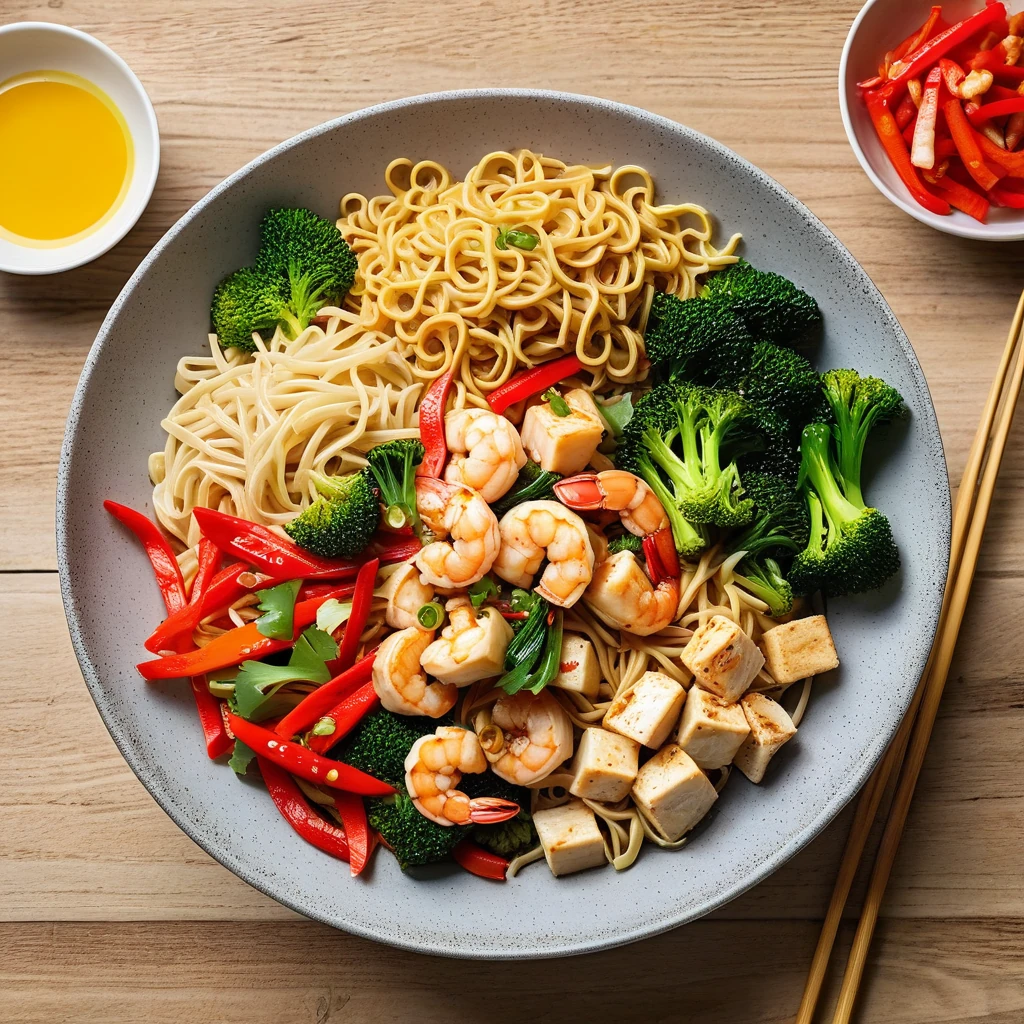 Tofu and Seafood Stir-Fry Noodle Bowl