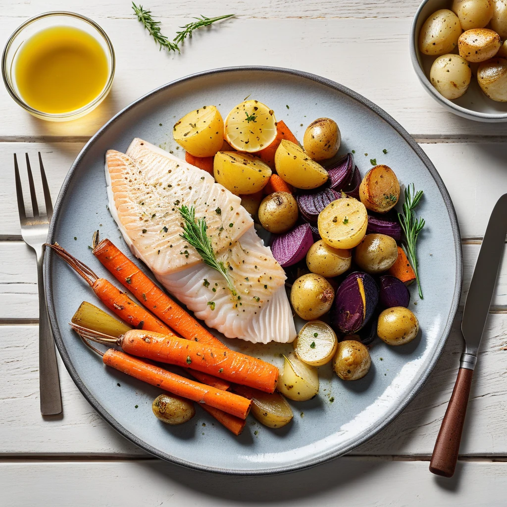 Baked White Fish with Roasted Root Vegetables and Lemon Herb Sauce