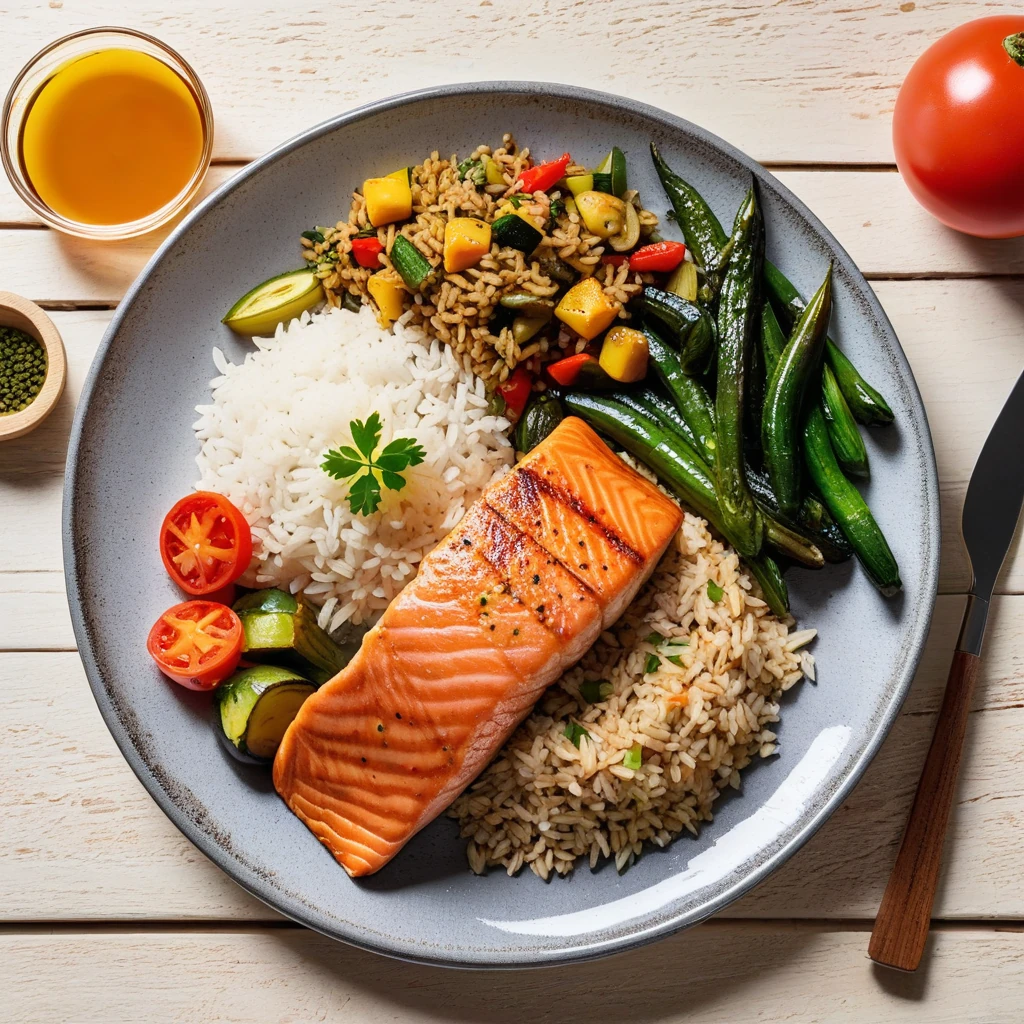 Saumon grillé aux légumes méditerranéens et riz complet