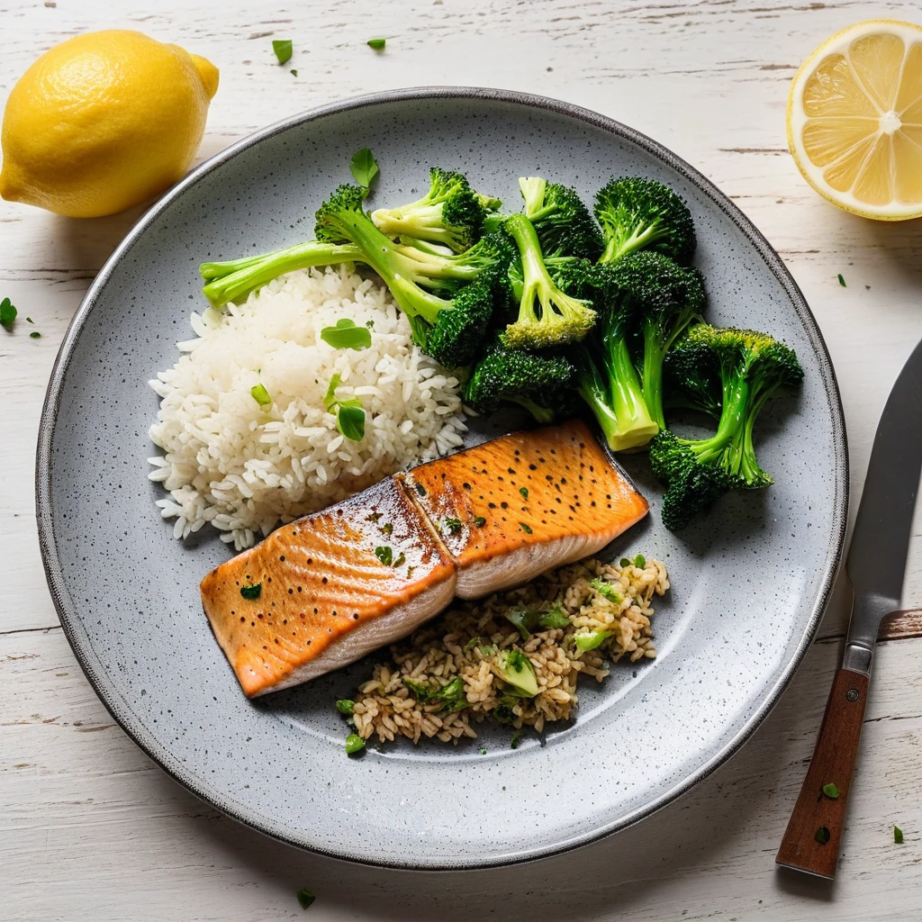 Trout Rôtie avec Riz Blanc et Brocoli Vapeur