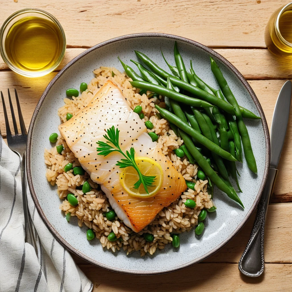 Baked Cod with Brown Rice and Green Beans