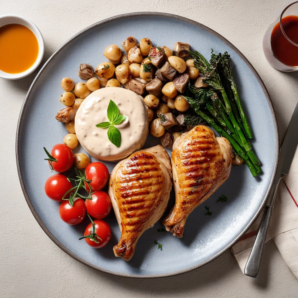 Poulet grillé avec pâtes et sauce crémeuse