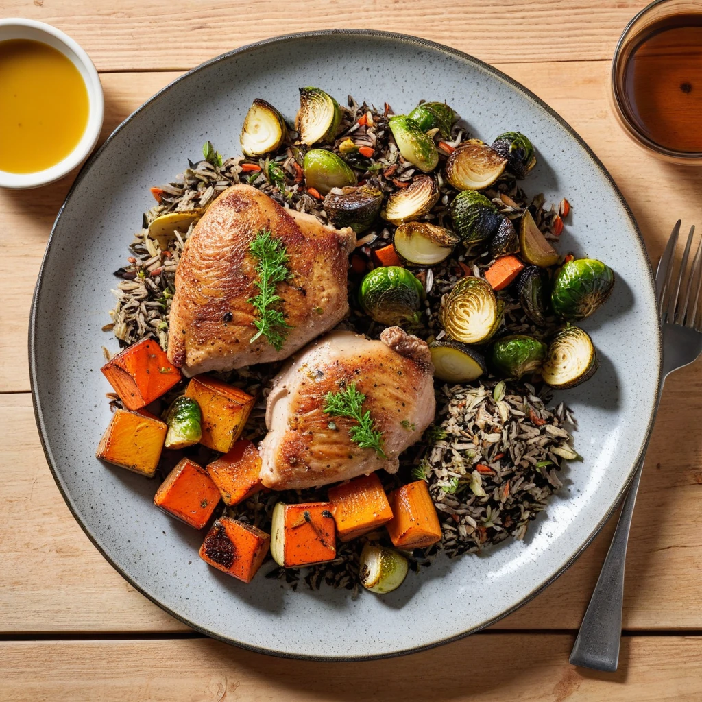 Herb-Crusted Chicken Thigh with Wild Rice and Roasted Vegetables