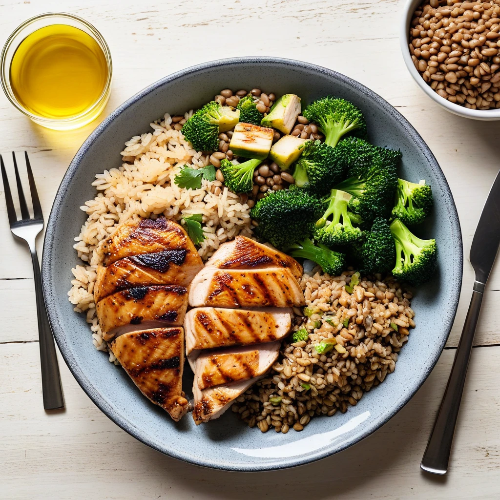 Grilled Chicken with Brown Rice and Lentil Bowl