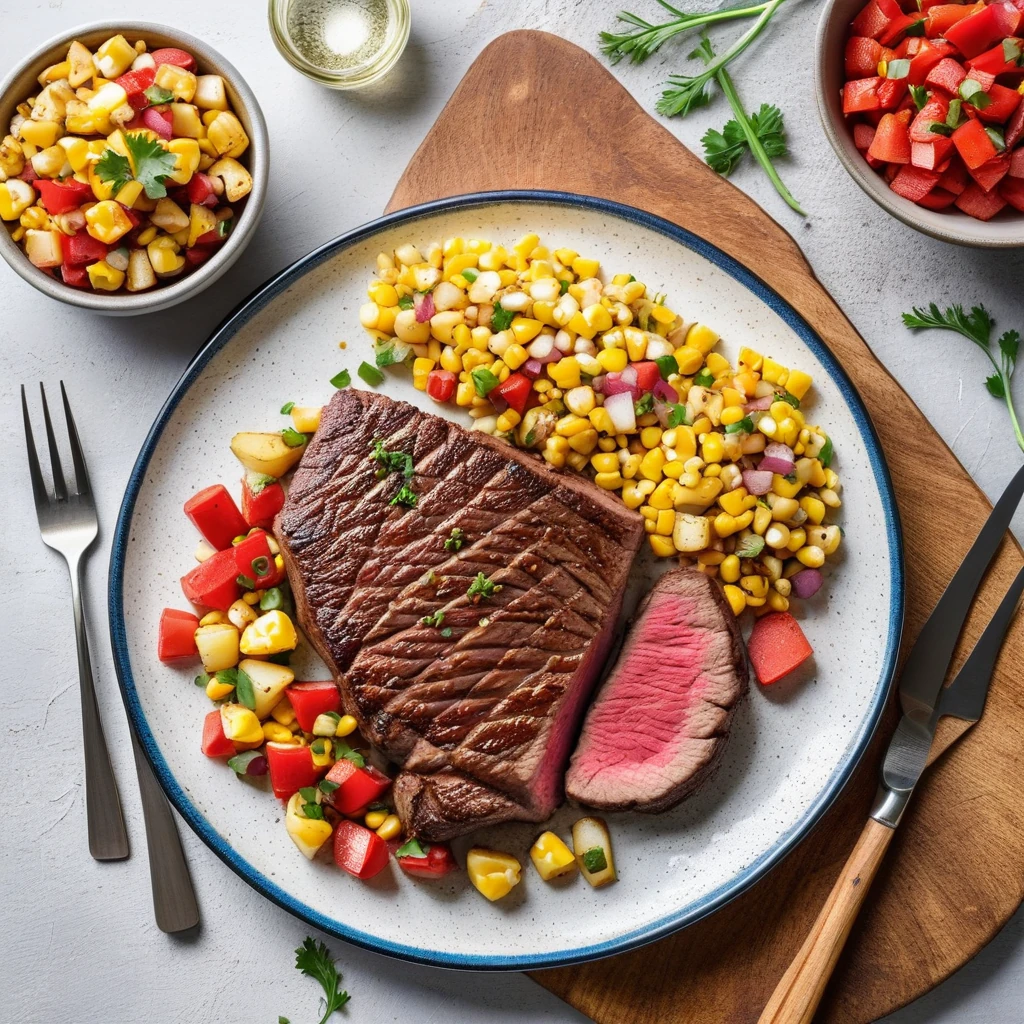 Pan-Roasted Sirloin Steak with Roasted Potatoes and Corn Salsa