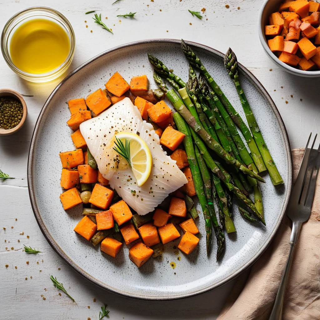 Baked Cod with Sweet Potato and Roasted Asparagus
