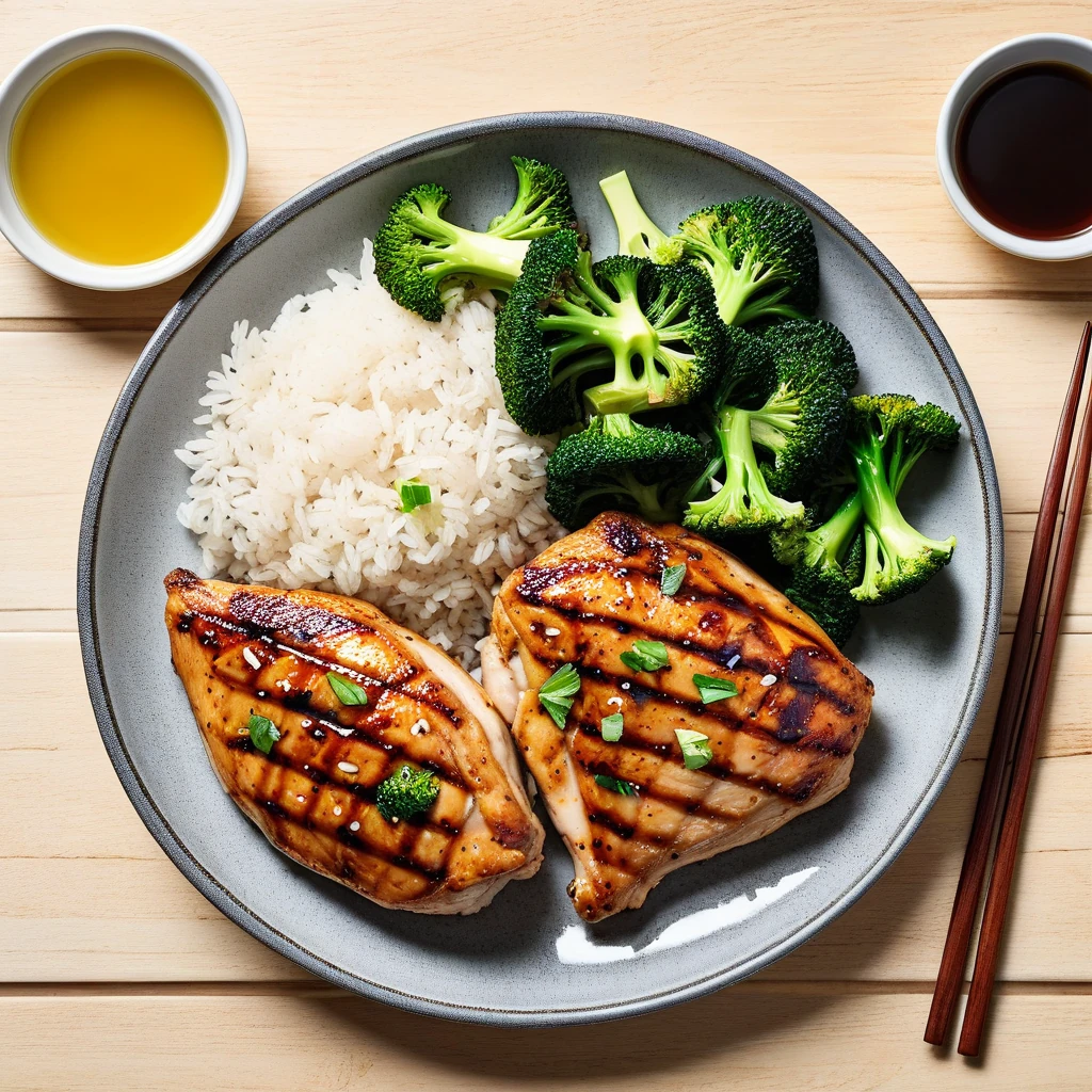 Grilled Chicken with Rice and Stir-Fried Broccoli