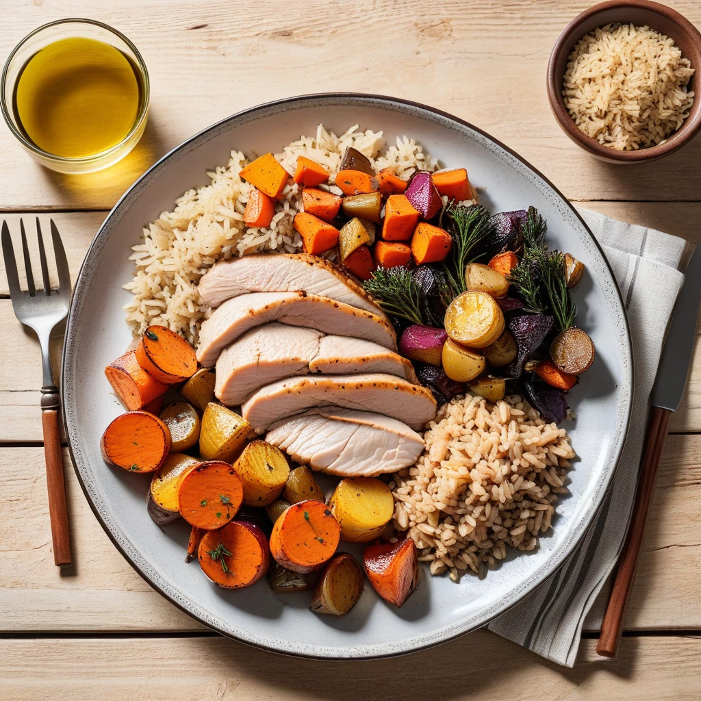 Baked Turkey Breast with Roasted Root Vegetables and Brown Rice