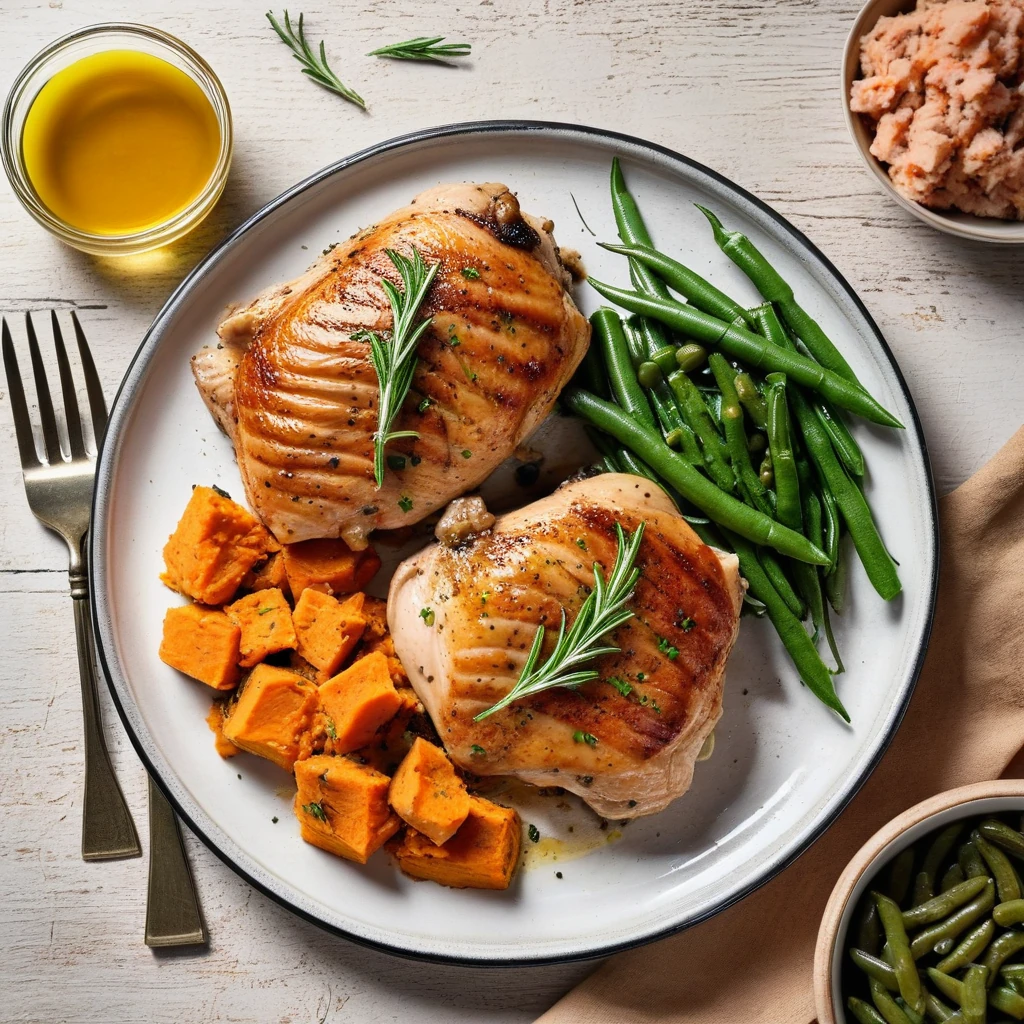 Herb-Roasted Chicken Thighs with Mashed Sweet Potato and Green Beans
