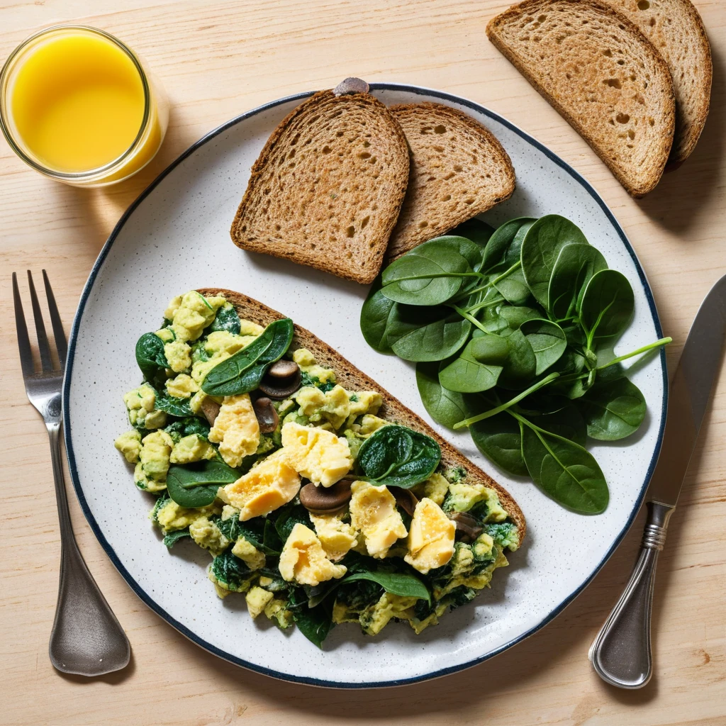 Spinach and Mushroom Scrambled Eggs with Whole Grain Toast