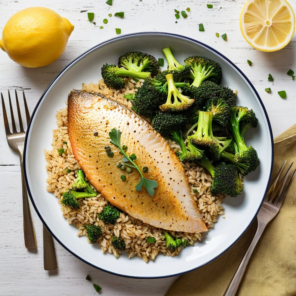 Baked Tilapia with Roasted Broccoli and Brown Rice
