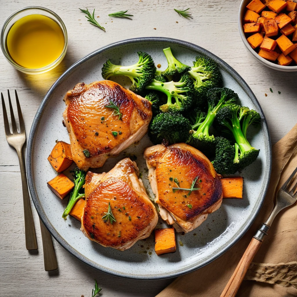 Pan-Seared Chicken Thighs with Roasted Sweet Potato and Broccoli