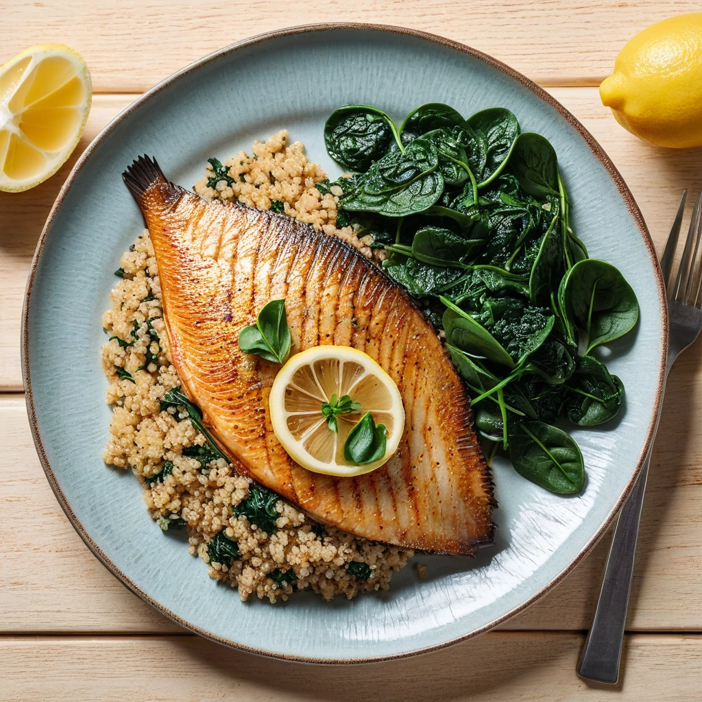 Grilled Tilapia with Quinoa and Sautéed Spinach