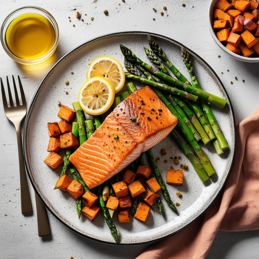 Pan-Seared Salmon with Roasted Sweet Potato and Asparagus